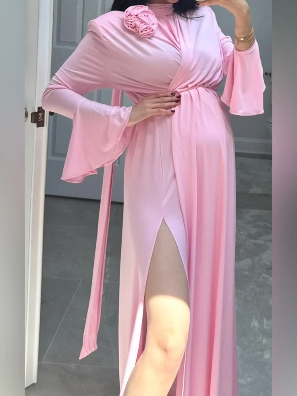 Baby Pink Maxi Wrap Dress with 3d flowers